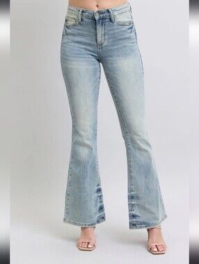 Judy Blue Mid-Rise Tinted Pin Tack Detail Flared Denim Jeans